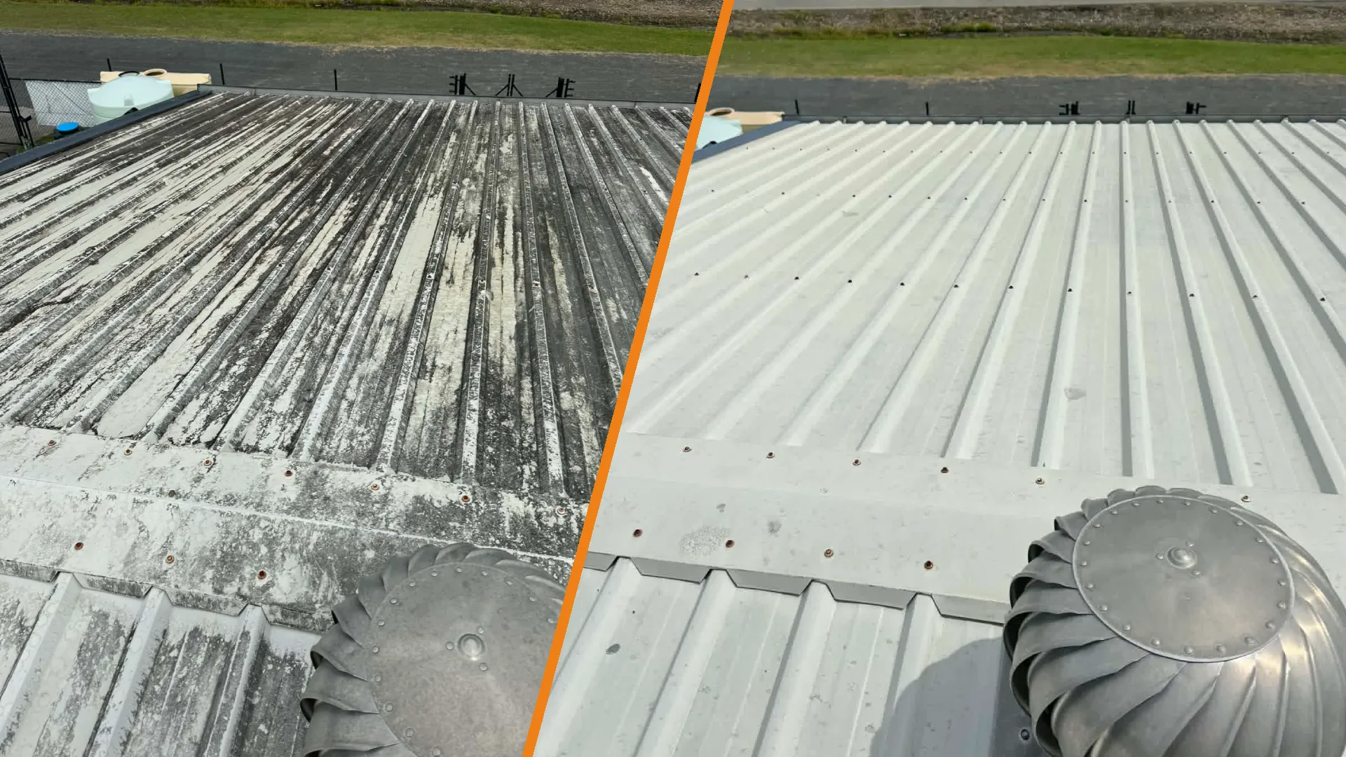 before and after a pressure and softwash clean on a roof