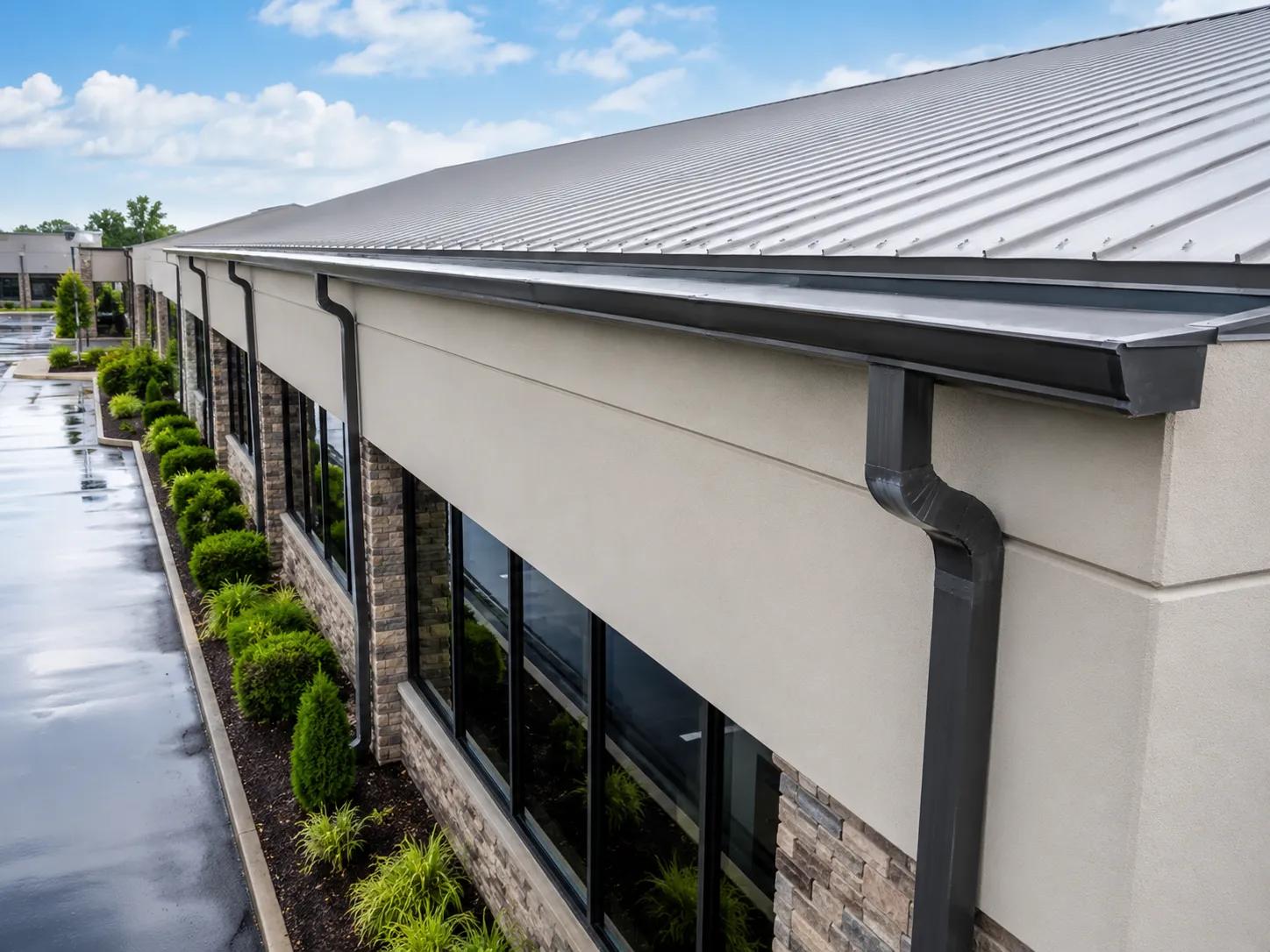 Exterior cleaning of commercial gutters and downpipes using soft washing and pressure washing